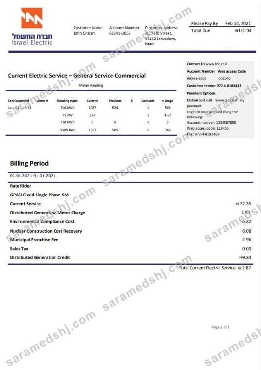 Israel Electric Corporation utility bill template in Word and PDF format (.doc and .pdf)